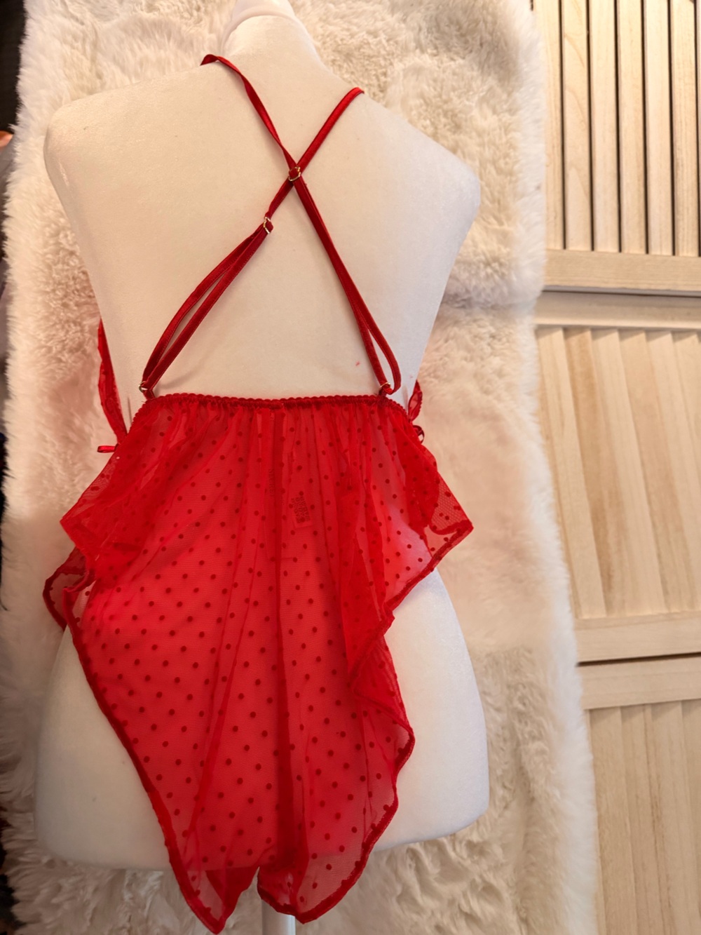 Victoria's Secret Red Sheer Polka Dot Halter Teddy cheeky